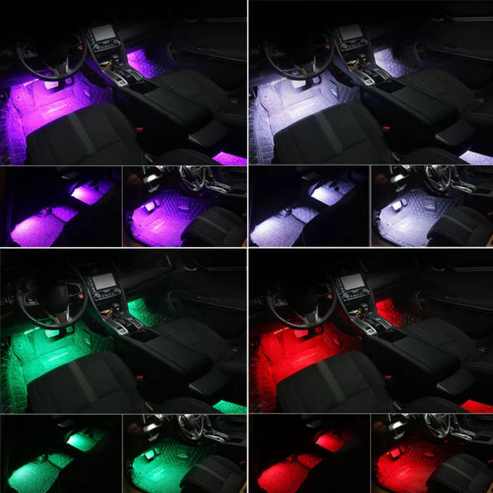 Collage of a car interior with LED lights in various colors.